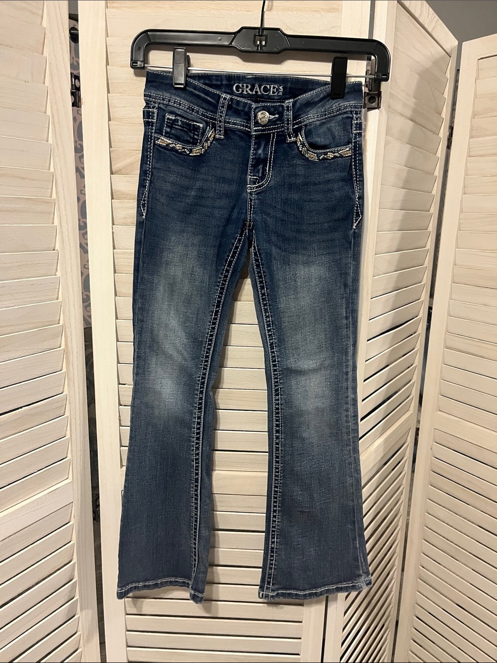 Grace in LA Girls size 8 Dark Blue Flared Jeans with Embellished Pockets